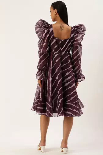 Ethnovog Ready To Wear Wine Digital Printed Organza Dress