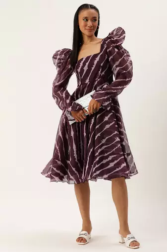 Ethnovog Ready To Wear Wine Digital Printed Organza Dress