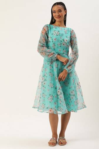 Ethnovog Ready To Wear Blue Digital Printed Organza Dress