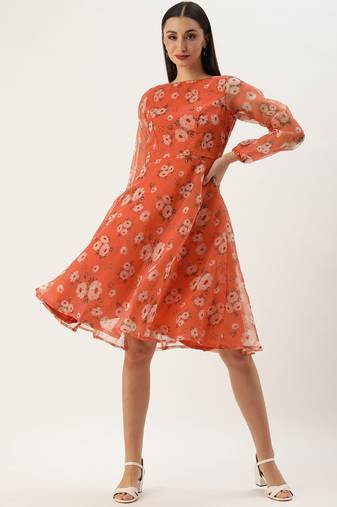 Ethnovog Ready To Wear Orange Digital Printed Organza Dress