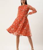 Ethnovog Ready To Wear Orange Digital Printed Organza Dress