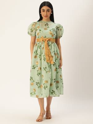 Ethnovog Ready To Wear Green Chanderi Silk Puff Sleeve Dress 1