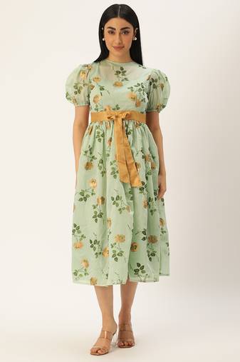 Ethnovog Ready To Wear Green Chanderi Silk Puff Sleeve Dress