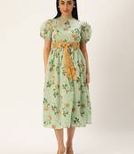 Ethnovog Ready To Wear Green Chanderi Silk Puff Sleeve Dress