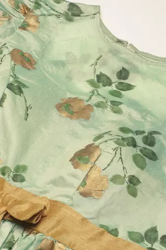 Ethnovog Ready To Wear Green Chanderi Silk Puff Sleeve Dress