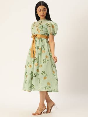 Ethnovog Ready To Wear Green Chanderi Silk Puff Sleeve Dress 3