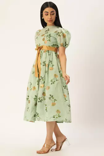 Ethnovog Ready To Wear Green Chanderi Silk Puff Sleeve Dress