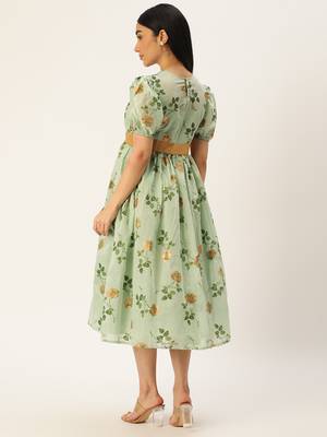 Ethnovog Ready To Wear Green Chanderi Silk Puff Sleeve Dress 4