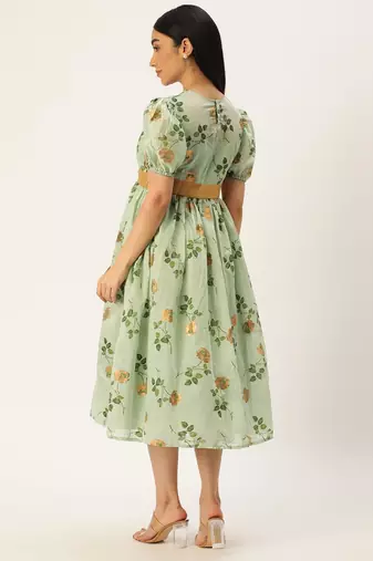 Ethnovog Ready To Wear Green Chanderi Silk Puff Sleeve Dress