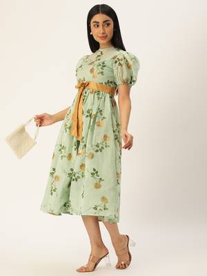 Ethnovog Ready To Wear Green Chanderi Silk Puff Sleeve Dress 5