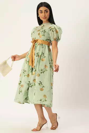 Ethnovog Ready To Wear Green Chanderi Silk Puff Sleeve Dress
