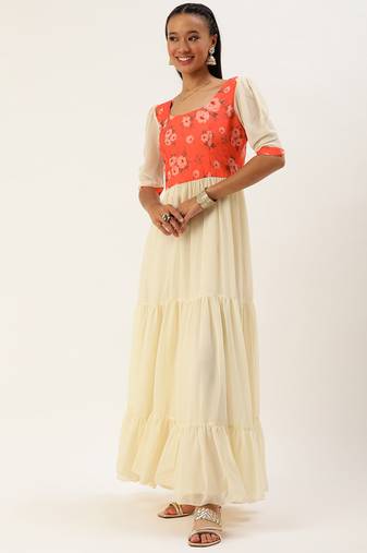 Ethnovog Ready To Wear Orange N Off White Printed Dress
