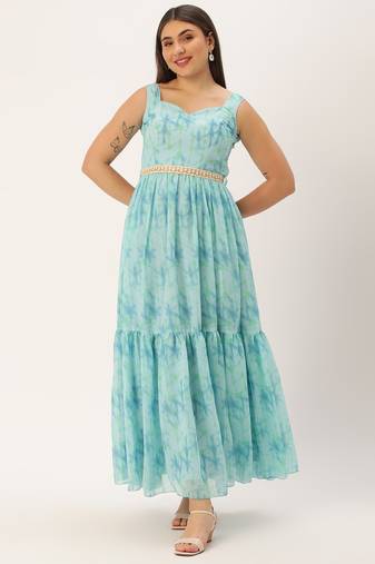 Ethnovog Ready To Wear Blue Digital Print Tiered Dress