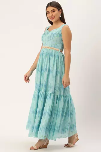 Ethnovog Ready To Wear Blue Digital Print Tiered Dress