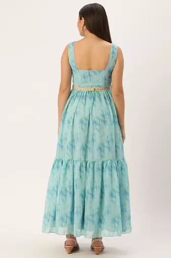 Ethnovog Ready To Wear Blue Digital Print Tiered Dress
