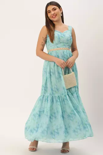 Ethnovog Ready To Wear Blue Digital Print Tiered Dress