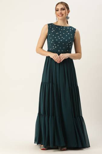 Ethnovog Ready To Wear Green Embroidered Georgette Dress