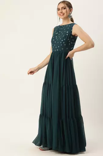 Ethnovog Ready To Wear Green Embroidered Georgette Dress