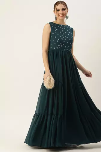 Ethnovog Ready To Wear Green Embroidered Georgette Dress