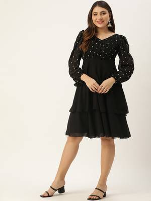 Ethnovog Ready To Wear Black Georgette Embroidered Layered Dress 1