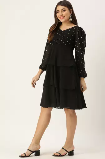 Ethnovog Ready To Wear Black Georgette Embroidered Layered Dress
