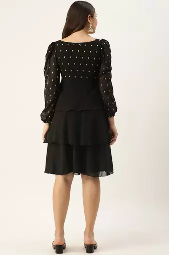 Ethnovog Ready To Wear Black Georgette Embroidered Layered Dress