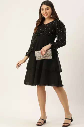 Ethnovog Ready To Wear Black Georgette Embroidered Layered Dress