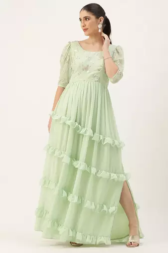 Ethnovog Ready To Wear Green Georgette Embroidered Ruffle Maxi Dress