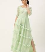 Ethnovog Ready To Wear Green Georgette Embroidered Ruffle Maxi Dress