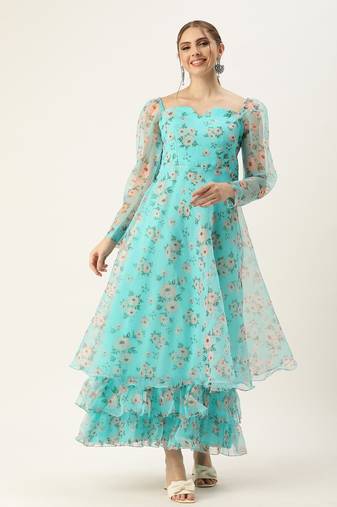 Ethnovog Ready To Wear Blue Printed Organza Maxi Dress