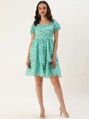 Ethnovog Ready To Wear Mint Blue Chinon Digital Printed Dress 1