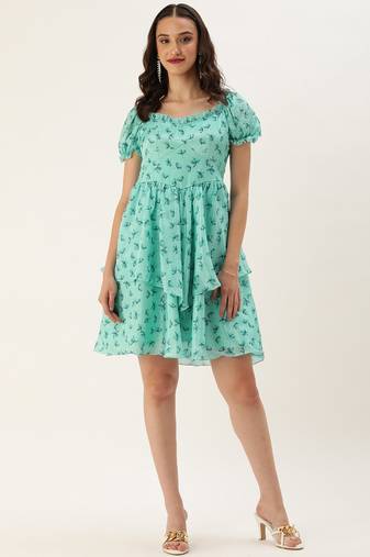 Ethnovog Ready To Wear Mint Blue Chinon Digital Printed Dress