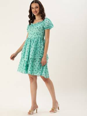 Ethnovog Ready To Wear Mint Blue Chinon Digital Printed Dress 3