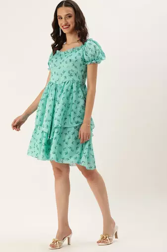 Ethnovog Ready To Wear Mint Blue Chinon Digital Printed Dress