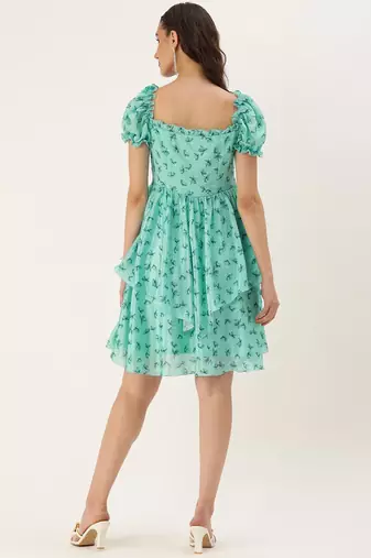 Ethnovog Ready To Wear Mint Blue Chinon Digital Printed Dress