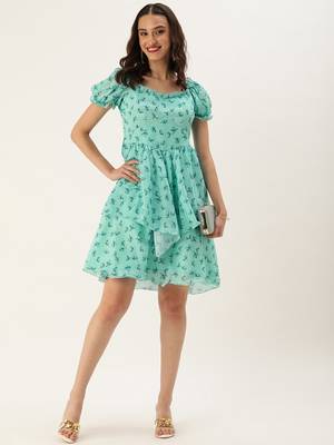 Ethnovog Ready To Wear Mint Blue Chinon Digital Printed Dress 5