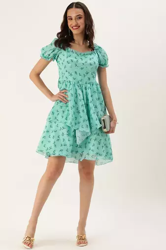 Ethnovog Ready To Wear Mint Blue Chinon Digital Printed Dress
