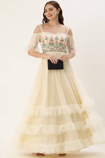Ethnovog Ready To Wear Off White Cotton N Net Gown