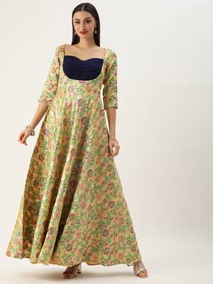 Ethnovog Ready To Wear Beige Art Silk Jacquard Pleated Yoke Gown 1
