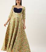 Ethnovog Ready To Wear Beige Art Silk Jacquard Pleated Yoke Gown
