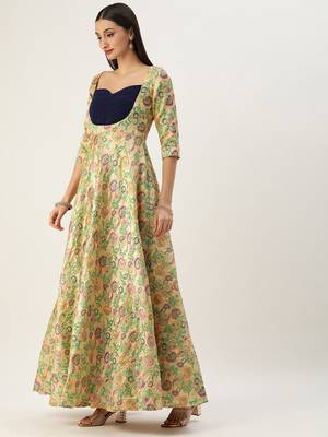 Ethnovog Ready To Wear Beige Art Silk Jacquard Pleated Yoke Gown 3