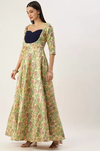 Ethnovog Ready To Wear Beige Art Silk Jacquard Pleated Yoke Gown