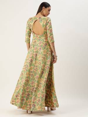 Ethnovog Ready To Wear Beige Art Silk Jacquard Pleated Yoke Gown 4