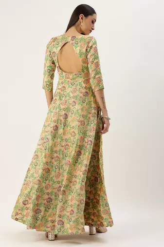 Ethnovog Ready To Wear Beige Art Silk Jacquard Pleated Yoke Gown