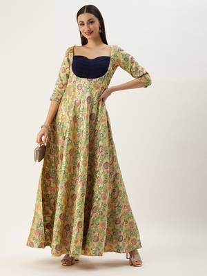 Ethnovog Ready To Wear Beige Art Silk Jacquard Pleated Yoke Gown 5