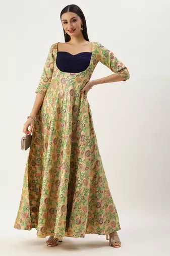 Ethnovog Ready To Wear Beige Art Silk Jacquard Pleated Yoke Gown