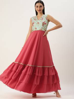 Ethnovog Ready To Wear Blue Chinon N Pink Georgette Gown 1