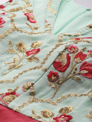Ethnovog Ready To Wear Blue Chinon N Pink Georgette Gown 2