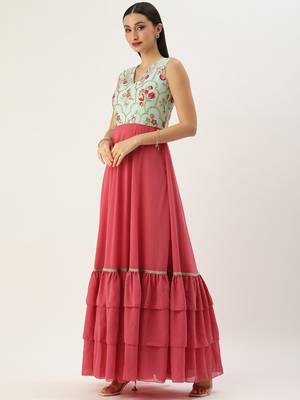 Ethnovog Ready To Wear Blue Chinon N Pink Georgette Gown 3
