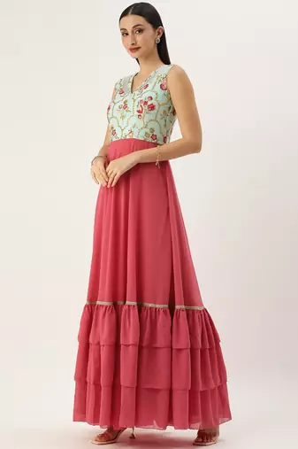 Ethnovog Ready To Wear Blue Chinon N Pink Georgette Gown